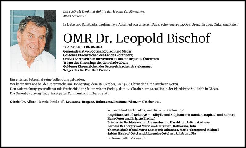  Todesanzeige für OMR Dr. Leopold Bischof vom 17.10.2012 aus Vorarlberger Nachrichten