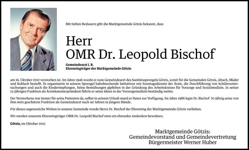  Todesanzeige für OMR Dr. Leopold Bischof vom 17.10.2012 aus Vorarlberger Nachrichten