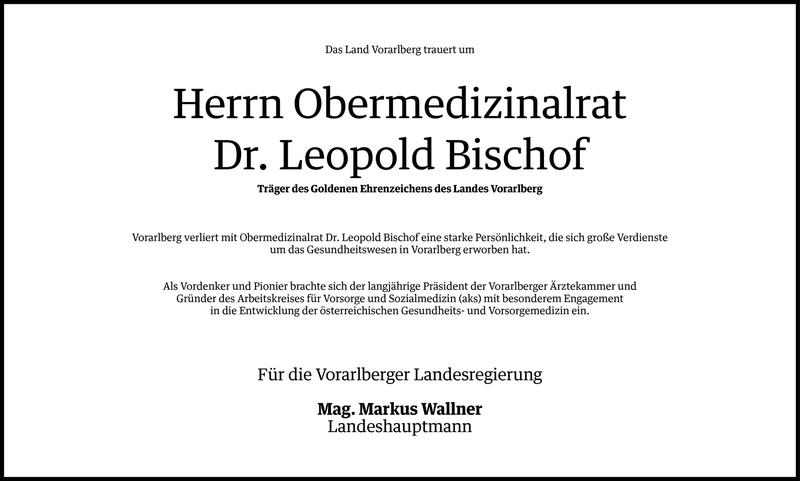  Todesanzeige für OMR Dr. Leopold Bischof vom 17.10.2012 aus Vorarlberger Nachrichten