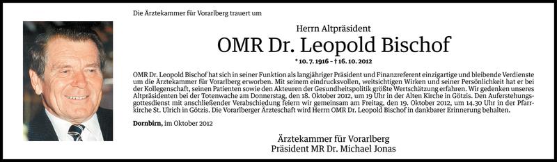  Todesanzeige für OMR Dr. Leopold Bischof vom 18.10.2012 aus Vorarlberger Nachrichten