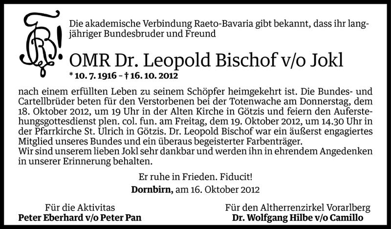  Todesanzeige für OMR Dr. Leopold Bischof vom 18.10.2012 aus Vorarlberger Nachrichten