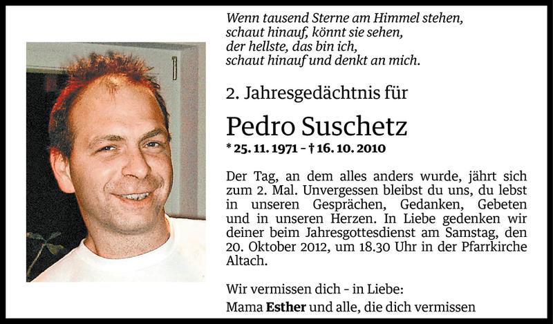  Todesanzeige für Pedro Suschetz vom 19.10.2012 aus Vorarlberger Nachrichten