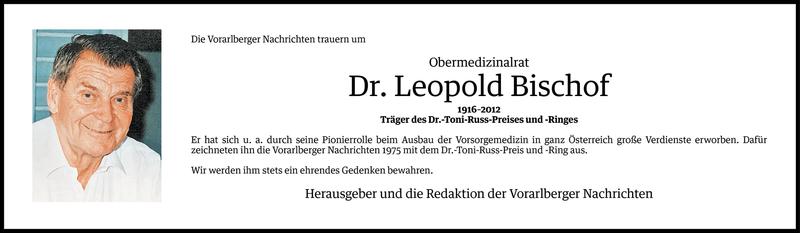  Todesanzeige für OMR Dr. Leopold Bischof vom 19.10.2012 aus Vorarlberger Nachrichten