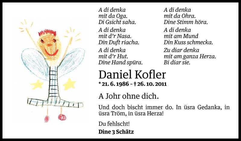  Todesanzeige für Daniel Kofler vom 25.10.2012 aus Vorarlberger Nachrichten