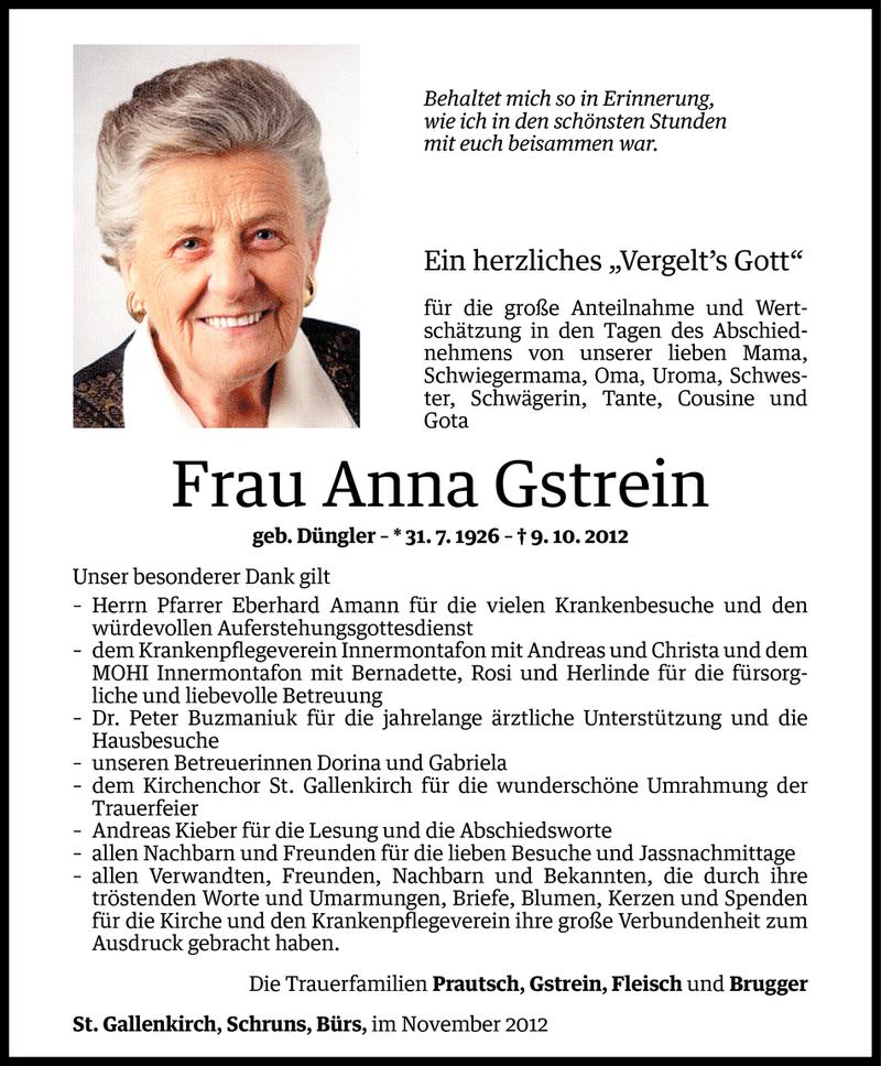 Todesanzeigen von Anna Gstrein | Todesanzeigen Vorarlberger Nachrichten