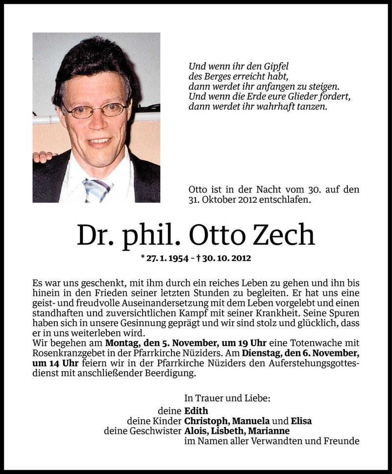  Todesanzeige für Dr. phil. Otto Zech vom 03.11.2012 aus Vorarlberger Nachrichten