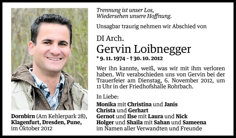  Todesanzeige für DI arch. Gervin Loibnegger vom 03.11.2012 aus Vorarlberger Nachrichten