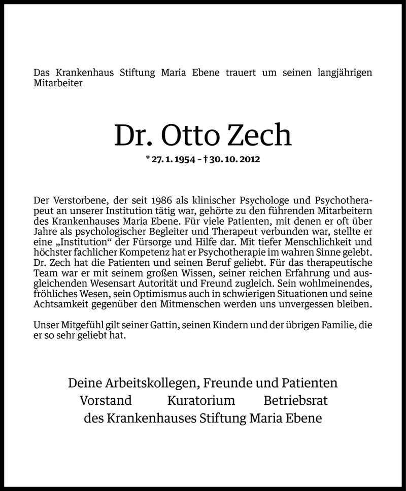  Todesanzeige für Dr. phil. Otto Zech vom 03.11.2012 aus Vorarlberger Nachrichten