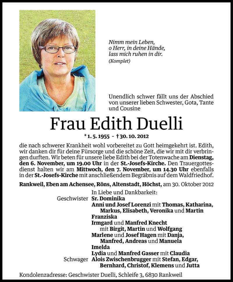  Todesanzeige für Edith Duelli vom 03.11.2012 aus Vorarlberger Nachrichten