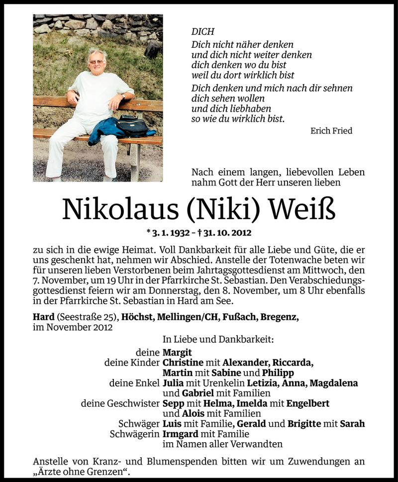  Todesanzeige für Nikolaus Weiß vom 03.11.2012 aus Vorarlberger Nachrichten