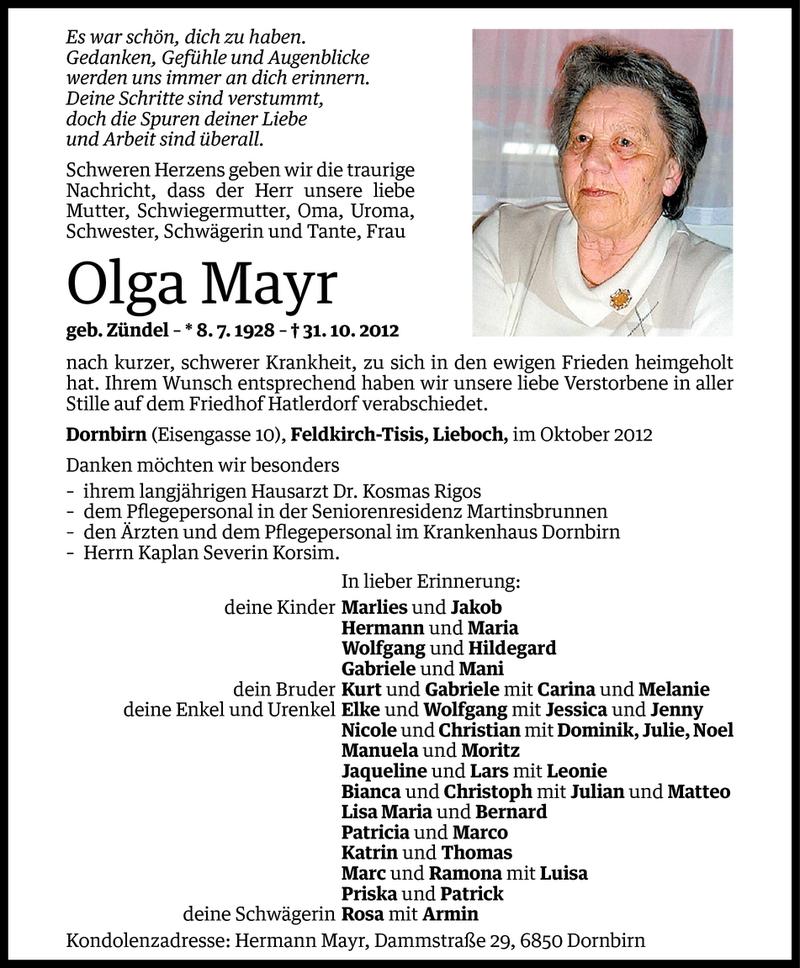  Todesanzeige für Olga Mayr vom 09.11.2012 aus Vorarlberger Nachrichten