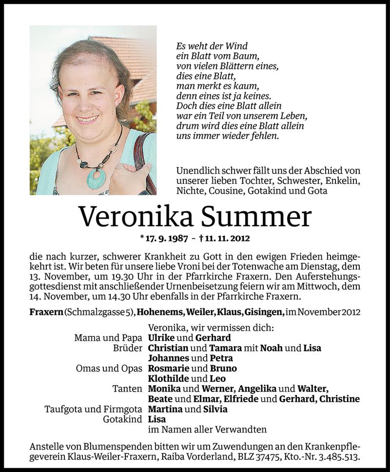  Todesanzeige für Veronika Summer vom 13.11.2012 aus Vorarlberger Nachrichten