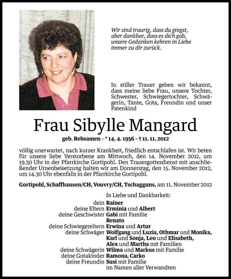  Todesanzeige für Sibylle Mangard vom 13.11.2012 aus Vorarlberger Nachrichten
