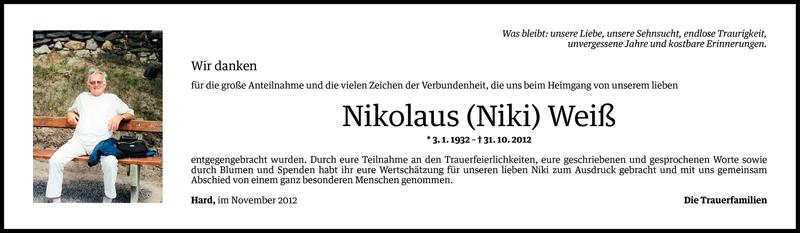  Todesanzeige für Nikolaus Weiß vom 17.11.2012 aus Vorarlberger Nachrichten