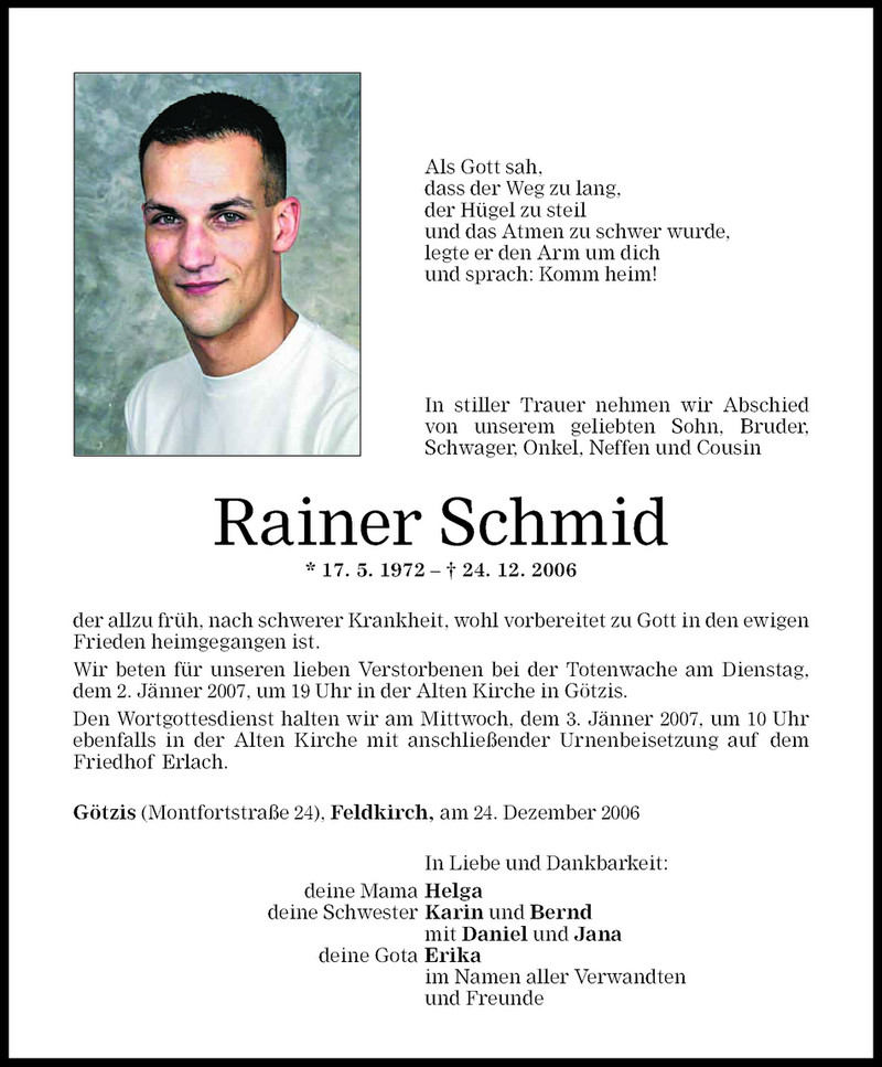  Todesanzeige für Rainer Schmid vom 30.12.2006 aus Vorarlberger Nachrichten