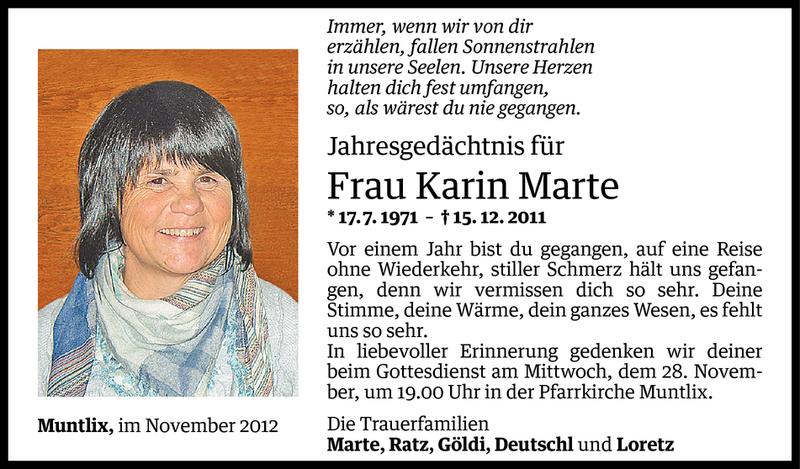  Todesanzeige für Karin Marte vom 26.11.2012 aus Vorarlberger Nachrichten