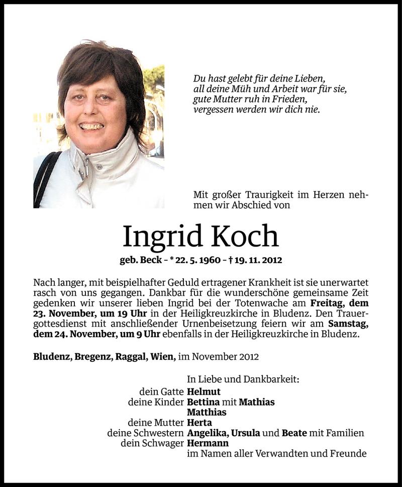  Todesanzeige für Ingrid Koch vom 22.11.2012 aus Vorarlberger Nachrichten
