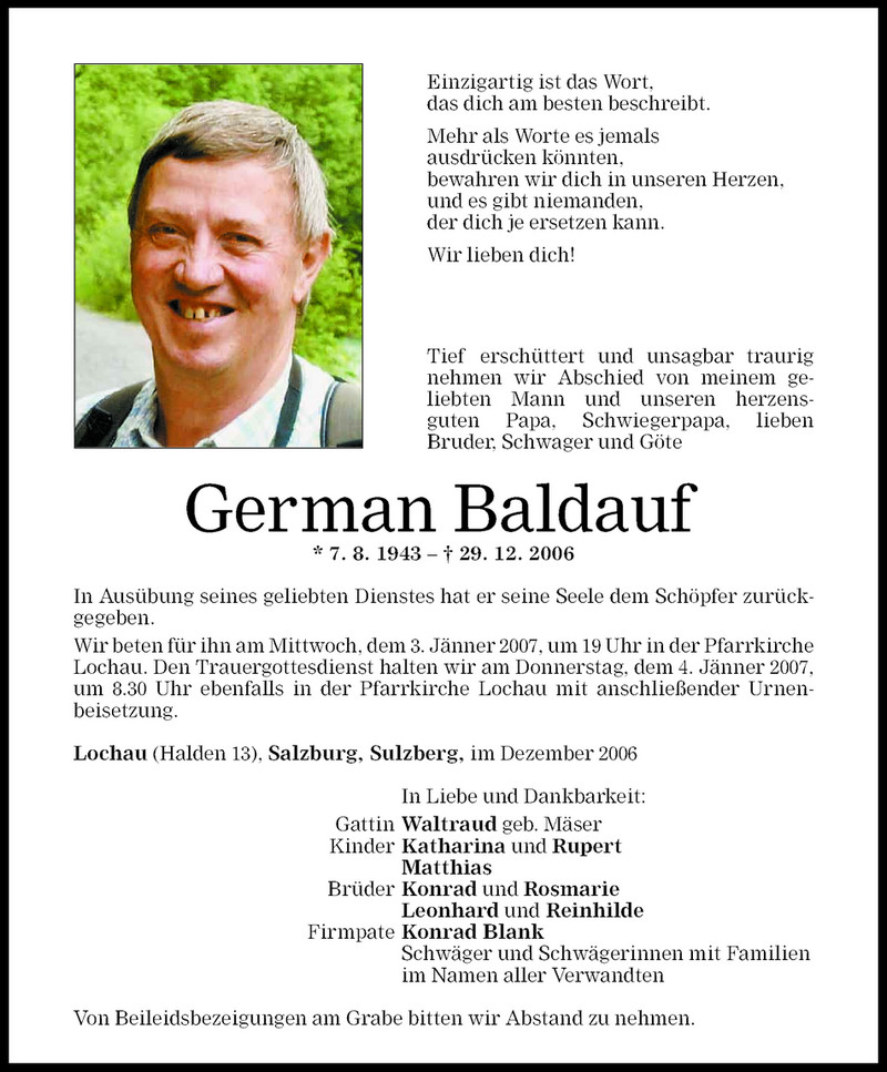  Todesanzeige für German Baldauf vom 02.01.2007 aus Vorarlberger Nachrichten