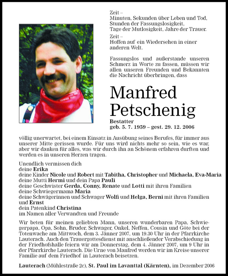  Todesanzeige für Manfred Petschenig vom 02.01.2007 aus Vorarlberger Nachrichten