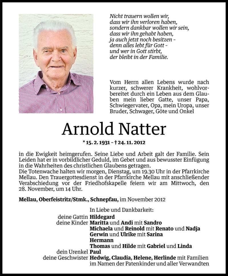  Todesanzeige für Arnold Natter vom 26.11.2012 aus Vorarlberger Nachrichten