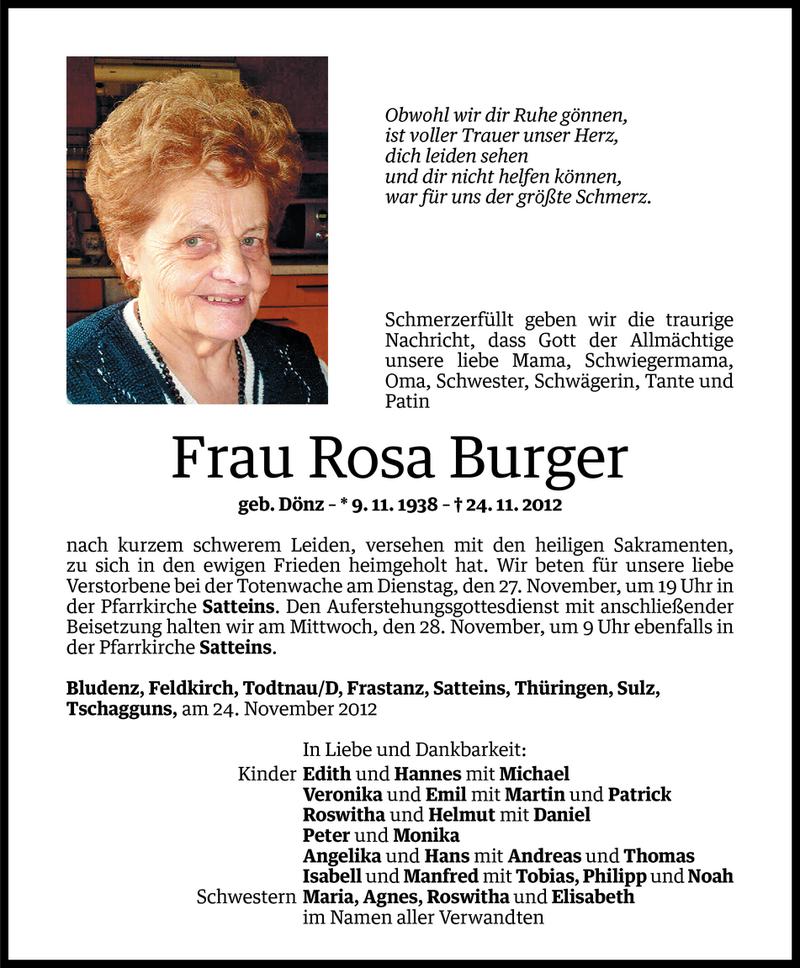  Todesanzeige für Rosa Burger vom 26.11.2012 aus Vorarlberger Nachrichten