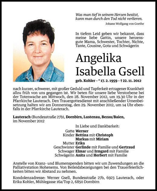 Todesanzeige von Angelika Gsell von Vorarlberger Nachrichten