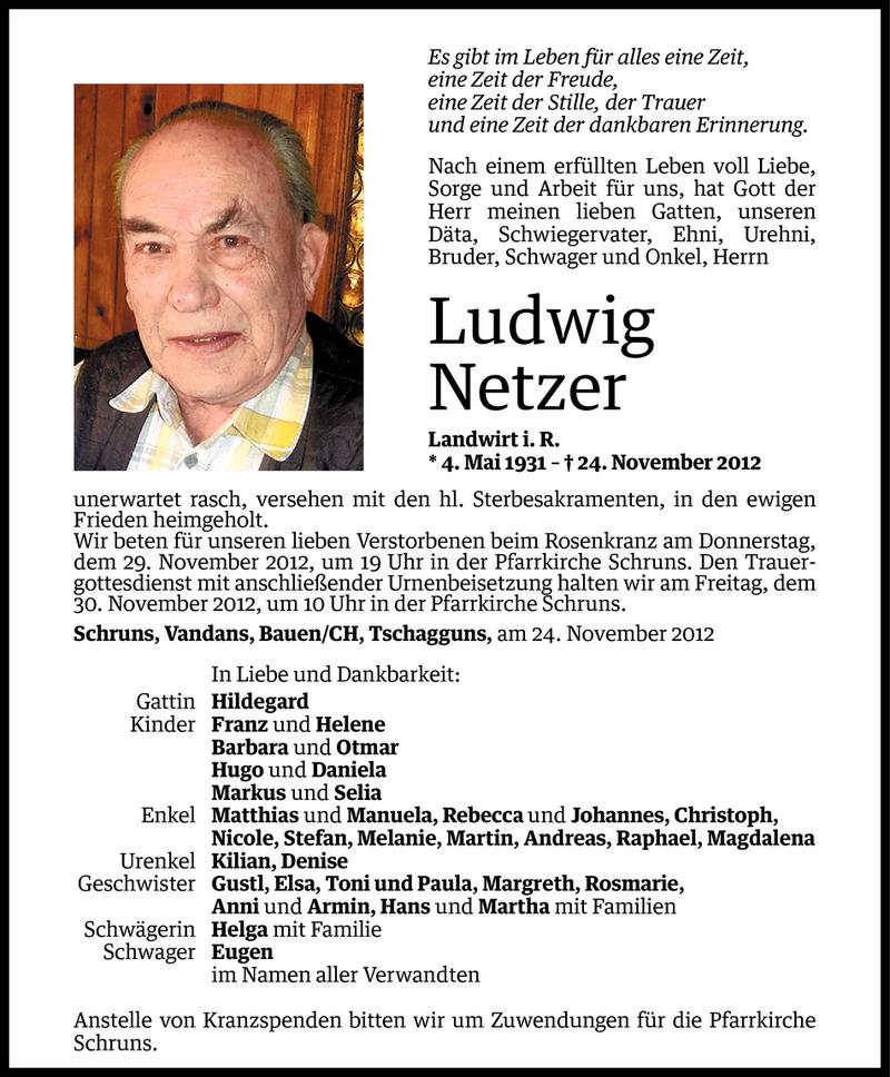  Todesanzeige für Ludwig Netzer vom 27.11.2012 aus Vorarlberger Nachrichten