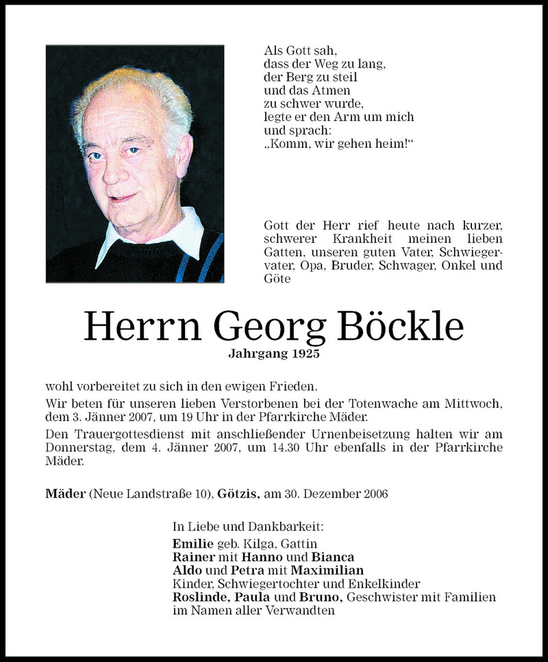  Todesanzeige für Georg Böckle vom 02.01.2007 aus Vorarlberger Nachrichten