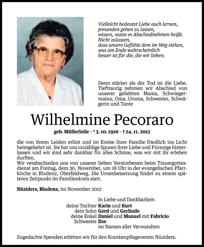  Todesanzeige für Wilhelmine Pecoraro vom 28.11.2012 aus Vorarlberger Nachrichten