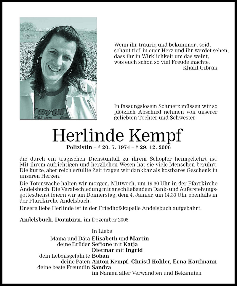  Todesanzeige für Herlinde Kempf vom 02.01.2007 aus Vorarlberger Nachrichten