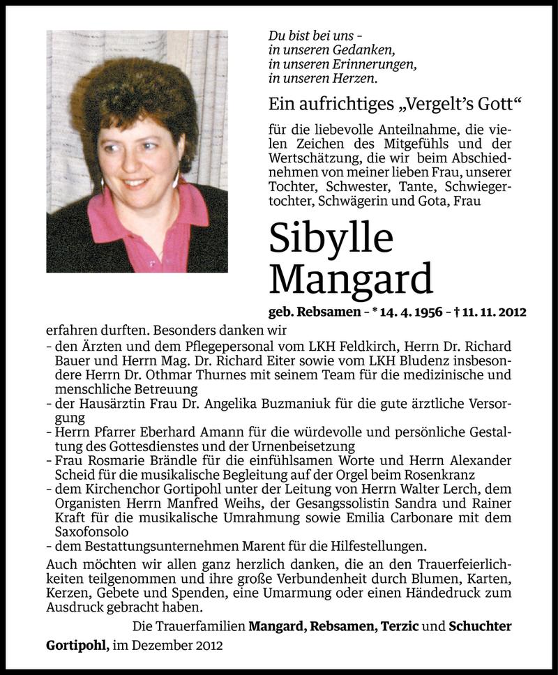  Todesanzeige für Sibylle Mangard vom 30.11.2012 aus Vorarlberger Nachrichten