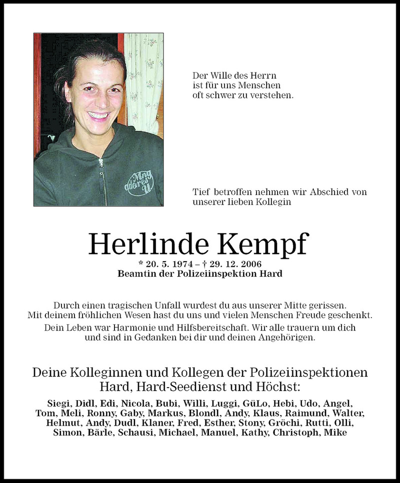  Todesanzeige für Herlinde Kempf vom 02.01.2007 aus Vorarlberger Nachrichten