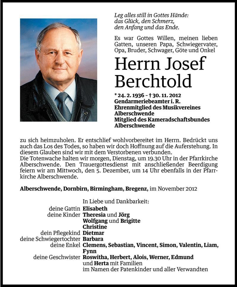  Todesanzeige für Josef Berchtold vom 02.12.2012 aus Vorarlberger Nachrichten