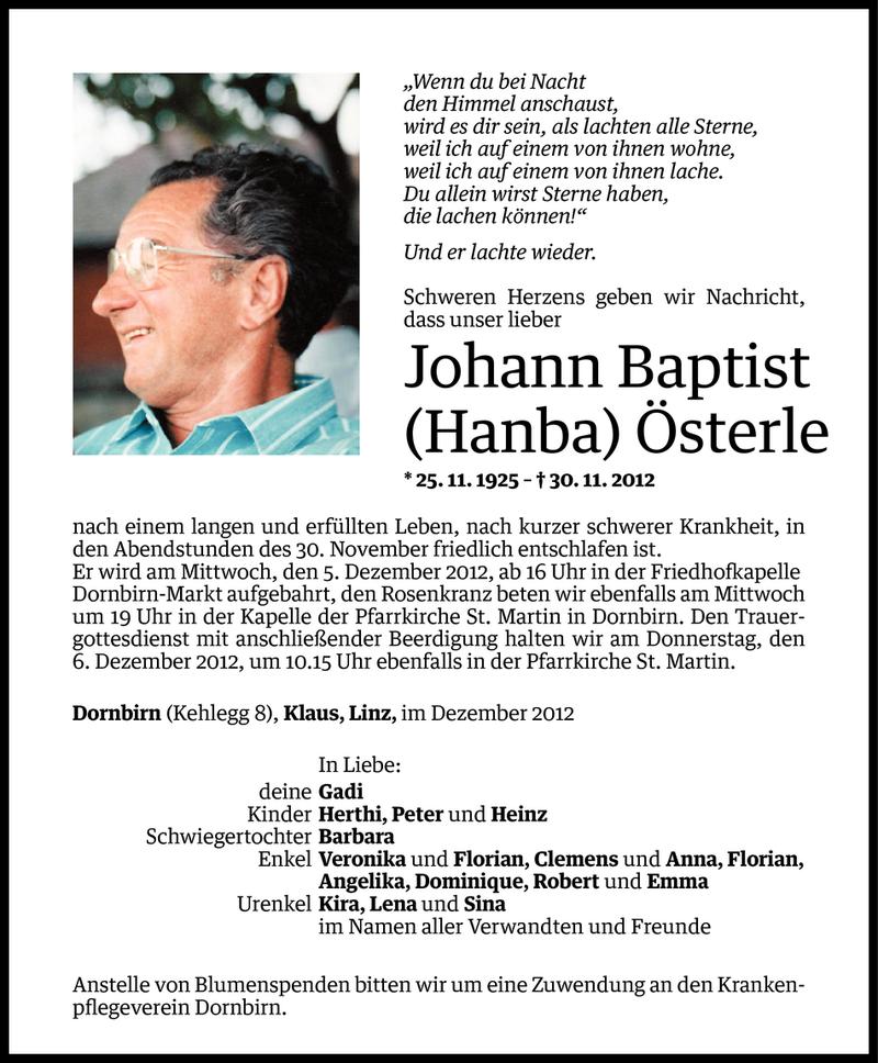  Todesanzeige für Johann Baptist Österle vom 04.12.2012 aus Vorarlberger Nachrichten