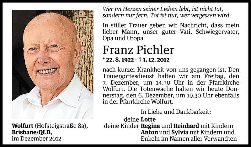  Todesanzeige für Franz Pichler vom 05.12.2012 aus Vorarlberger Nachrichten