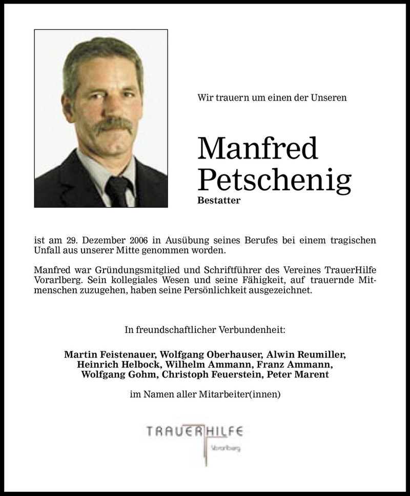  Todesanzeige für Manfred Petschenig vom 02.01.2007 aus Vorarlberger Nachrichten