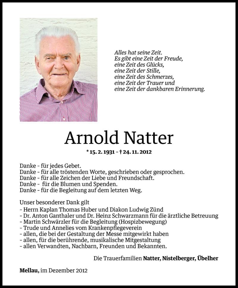  Todesanzeige für Arnold Natter vom 11.12.2012 aus Vorarlberger Nachrichten