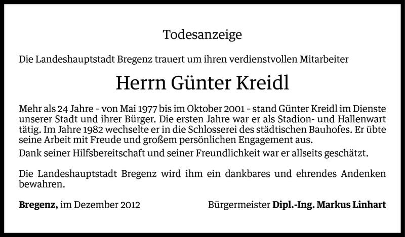  Todesanzeige für Günter Kreidl vom 17.12.2012 aus Vorarlberger Nachrichten