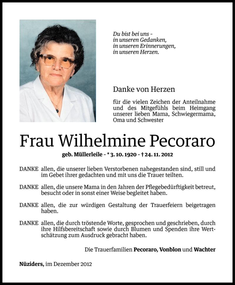  Todesanzeige für Wilhelmine Pecoraro vom 18.12.2012 aus Vorarlberger Nachrichten