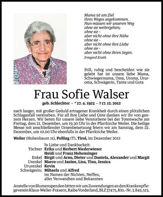 Todesanzeigen Von Sofie Walser Todesanzeigen Vorarlberger Nachrichten