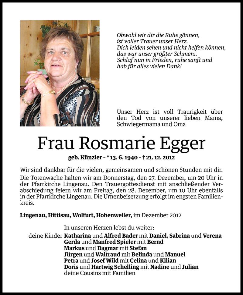Todesanzeigen von Rosmarie Egger | Todesanzeigen Vorarlberger Nachrichten