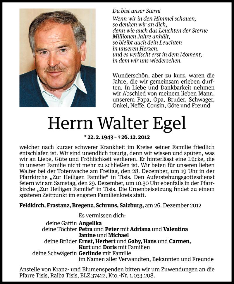 Todesanzeige für Walter Egel vom 27.12.2012 aus Vorarlberger Nachrichten