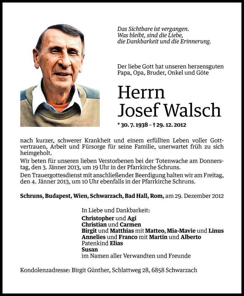  Todesanzeige für Josef Walsch vom 30.12.2012 aus Vorarlberger Nachrichten