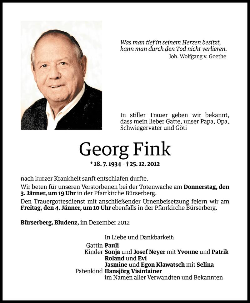  Todesanzeige für Georg Fink vom 01.01.2013 aus Vorarlberger Nachrichten