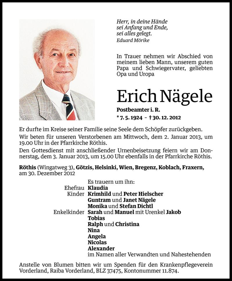 Todesanzeigen von Erich Nägele | Todesanzeigen Vorarlberger Nachrichten