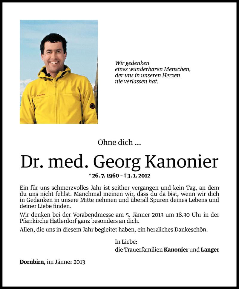  Todesanzeige für Georg Kanonier vom 02.01.2013 aus Vorarlberger Nachrichten