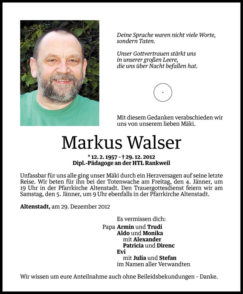  Todesanzeige für Markus Walser vom 02.01.2013 aus Vorarlberger Nachrichten