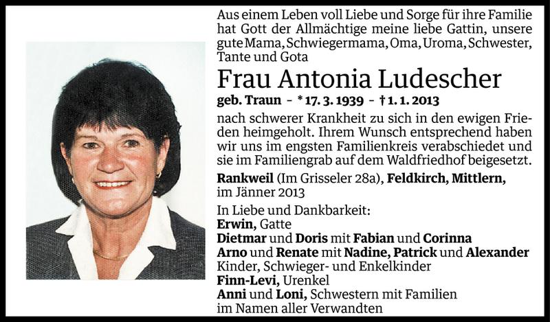  Todesanzeige für Antonia Ludescher vom 07.01.2013 aus Vorarlberger Nachrichten