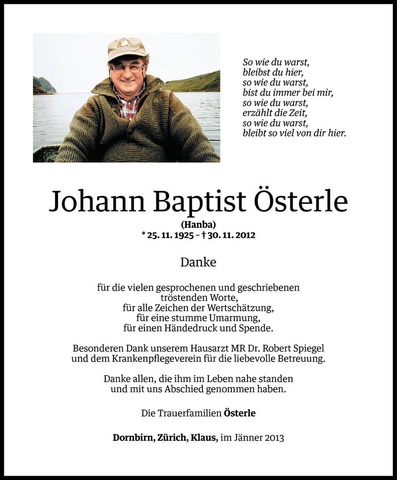  Todesanzeige für Johann Baptist Österle vom 04.01.2013 aus Vorarlberger Nachrichten