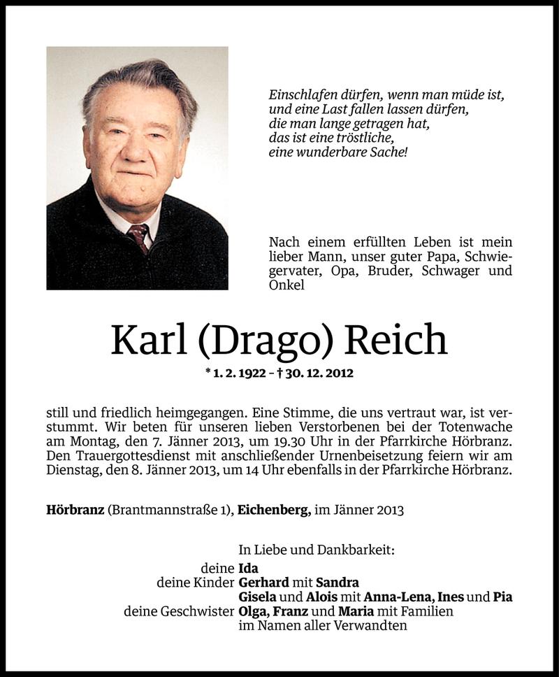  Todesanzeige für Karl (Drago) Reich vom 04.01.2013 aus Vorarlberger Nachrichten